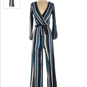 Teal, black, and mustard striped jumpsuit